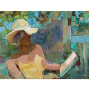 Sally Rosenbaum Impressionistic Painting of a Sun Hat Figure in Soft Hues
